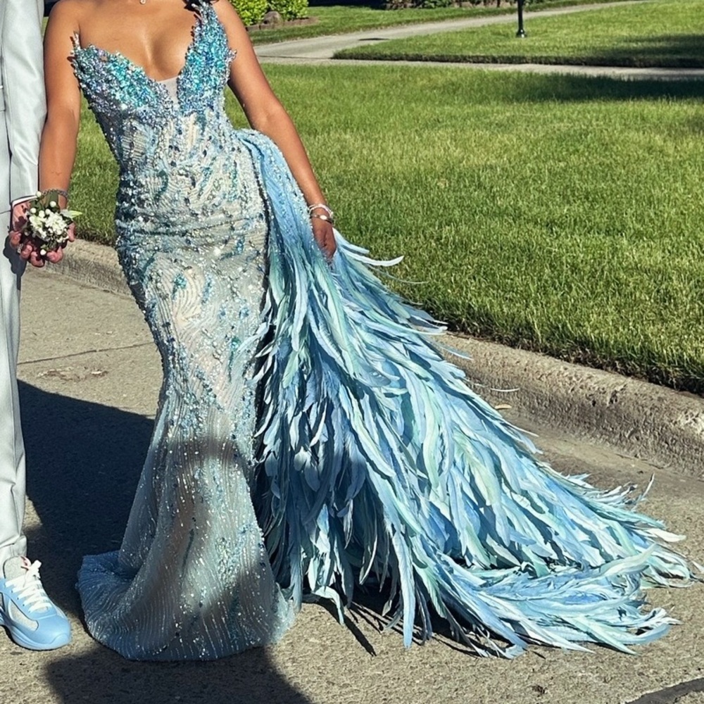 WALONE FASHION GROUP Custom Blue heavily stoned  dress with feathered train